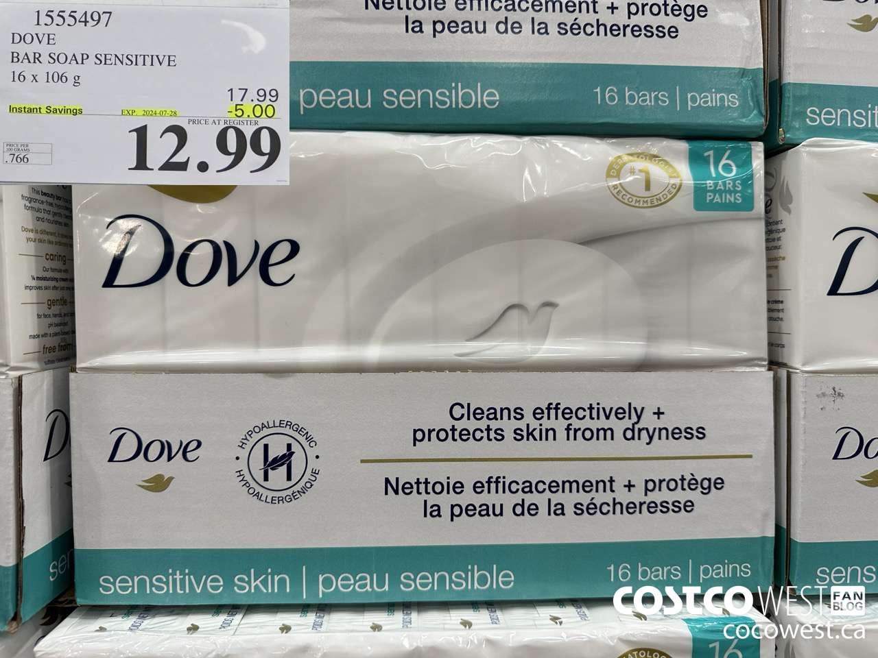 1555497 DOVE BAR SOAP SENSITIVE SKIN 16 x 106 g ($5.00 INSTANT SAVINGS EXPIRES ON 2024-07-28) $12.99