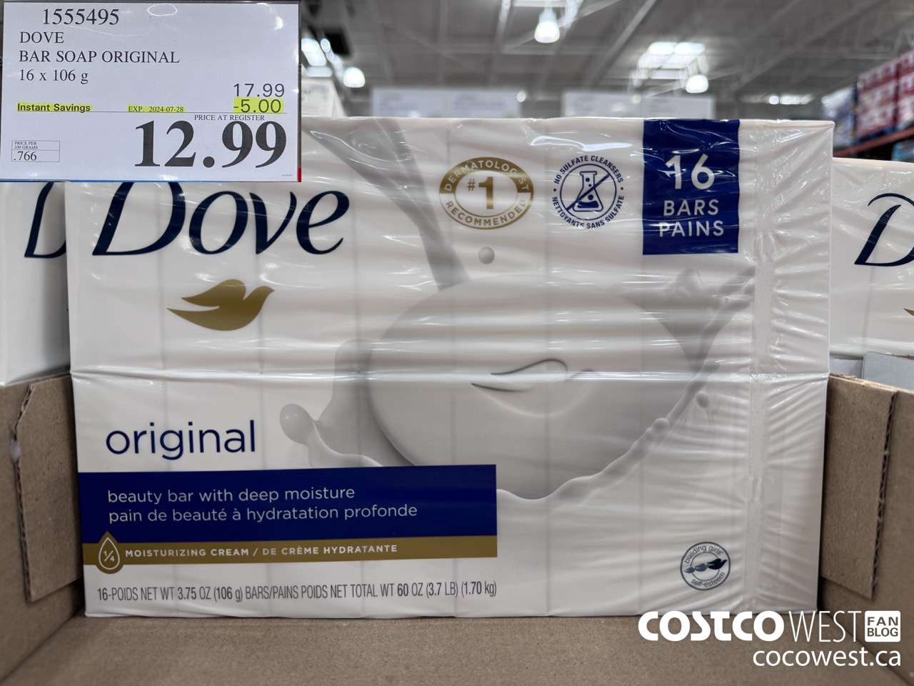 1555495 DOVE BAR SOAP WHITE 16 x 106 g ($5.00 INSTANT SAVINGS EXPIRES ON 2024-07-28) $12.99