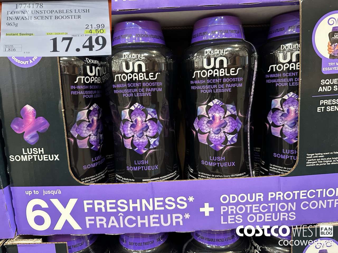 1774178 DOWNY UNSTOPABLES LUSH IN-WASH SCENT BOOSTER 963G ($4.50 INSTANT SAVINGS EXPIRES ON 2024-07-28) $17.49