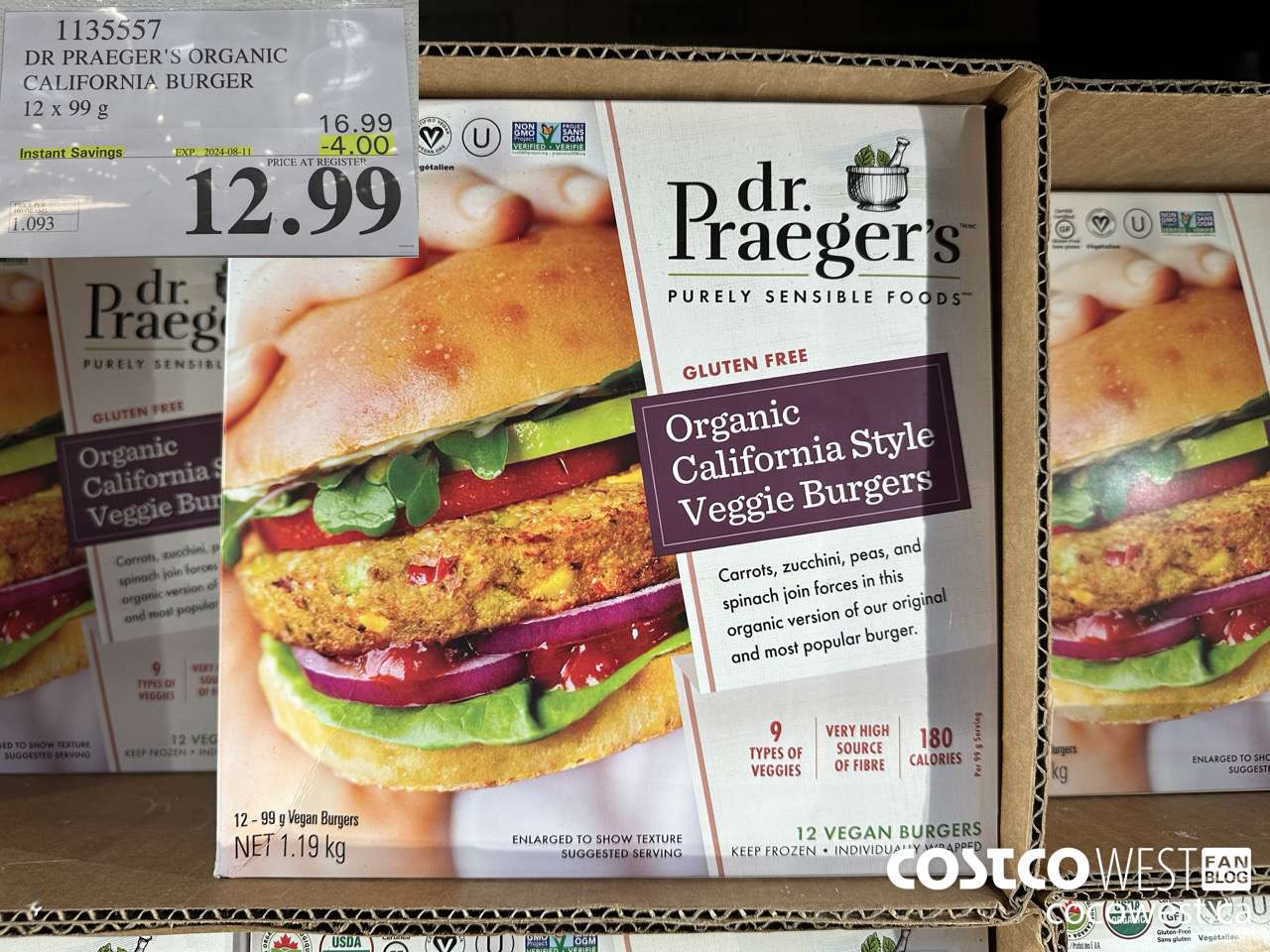 1135557 DR PRAEGER'S ORGANIC CALIFORNIA BURGER 12 x 99 g ($4.00 INSTANT SAVINGS EXPIRES ON 2024-08-11) $12.99