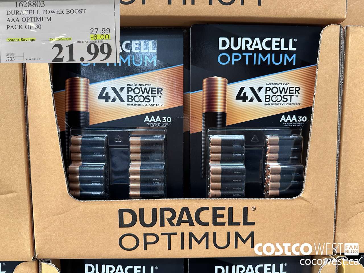 1628803 DURACELL POWER BOOST AAA OPTIMUM PACK OF 30 ($6.00 INSTANT SAVINGS EXPIRES ON 2024-08-04) $21.99