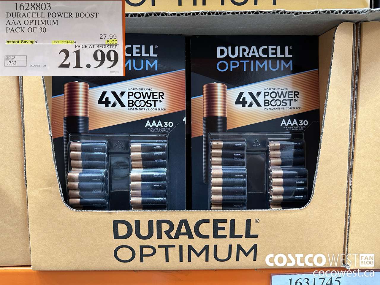 1628803 DURACELL POWER BOOST AAA OPTIMUM PACK OF 30 ($6.00 INSTANT SAVINGS EXPIRES ON 2024-08-04) $21.99