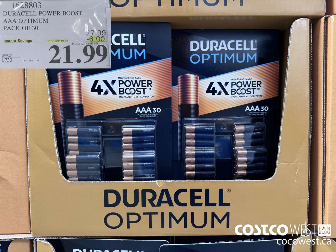 1628803 DURACELL POWER BOOST AAA OPTIMUM PACK OF 30 ($6.00 INSTANT SAVINGS EXPIRES ON 2024-08-04) $21.99