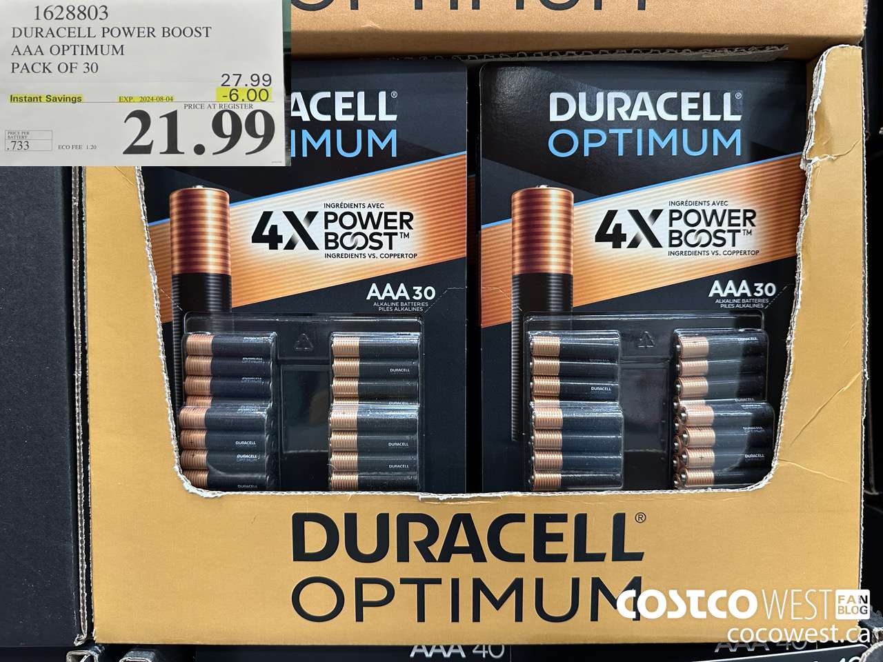 1628803 DURACELL POWER BOOST AAA OPTIMUM PACK OF 30 ($6.00 INSTANT SAVINGS EXPIRES ON 2024-08-04) $21.99
