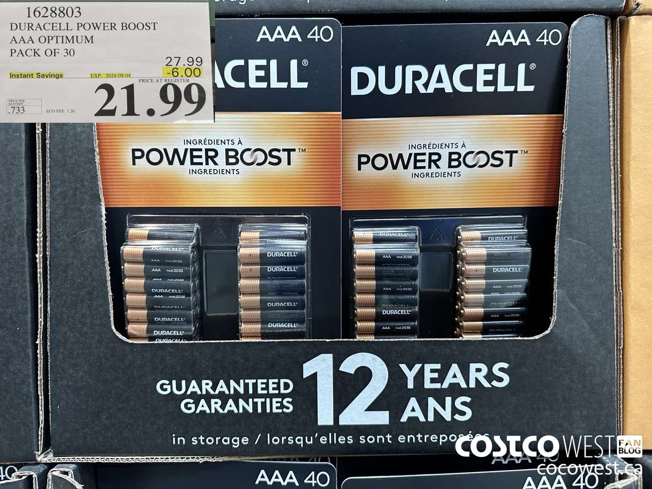 1628803 DURACELL POWER BOOST AAA OPTIMUM PACK OF 30 ($6.00 INSTANT SAVINGS EXPIRES ON 2024-08-04) $21.99