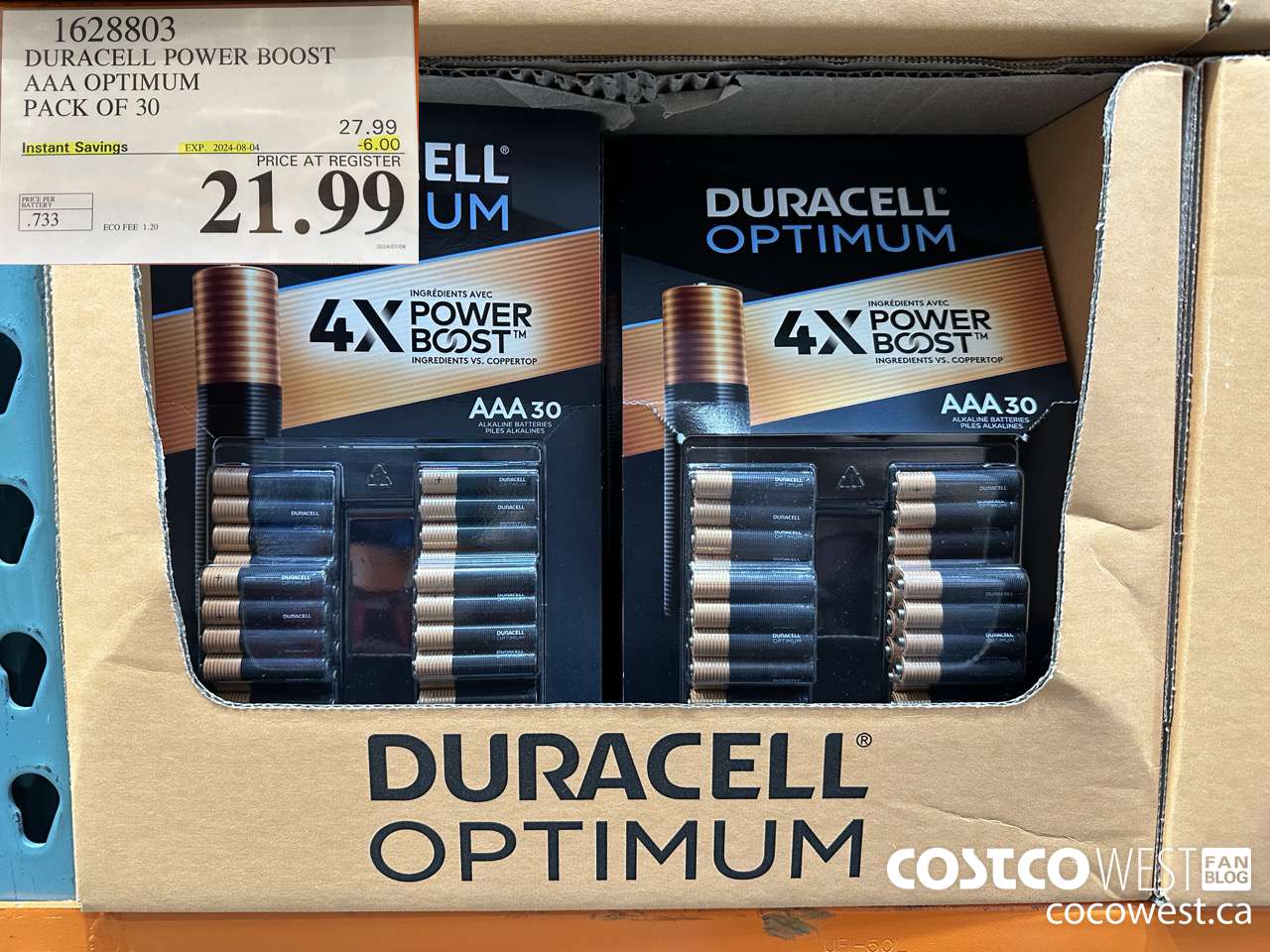 1628803 DURACELL POWER BOOST AAA OPTIMUM PACK OF 30 ($6.00 INSTANT SAVINGS EXPIRES ON 2024-08-04) $21.99