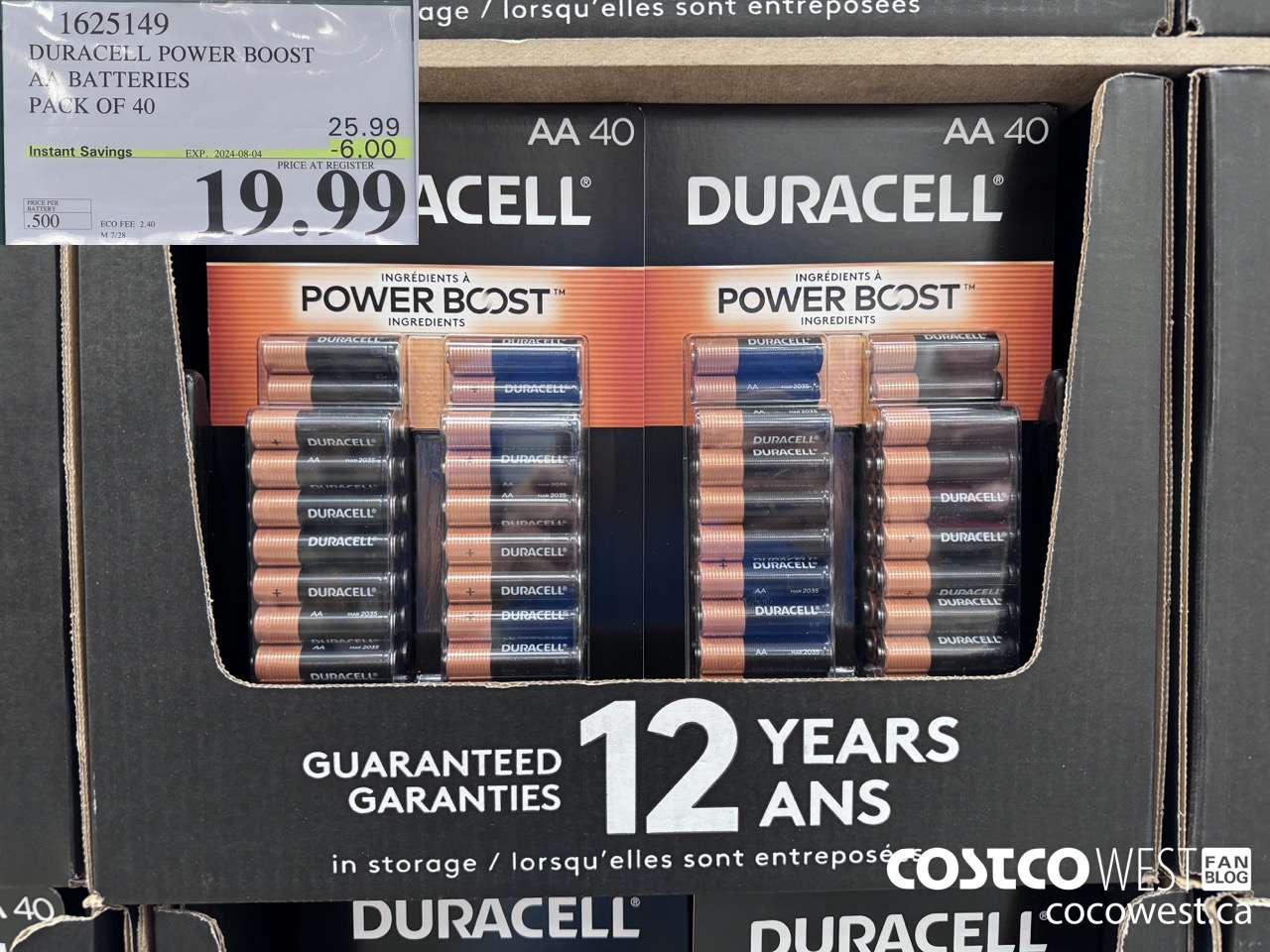 1625149 DURACELL POWER BOOST AA BATTERIES PACK OF 40 ($6.00 INSTANT SAVINGS EXPIRES ON 2024-08-04) $19.99
