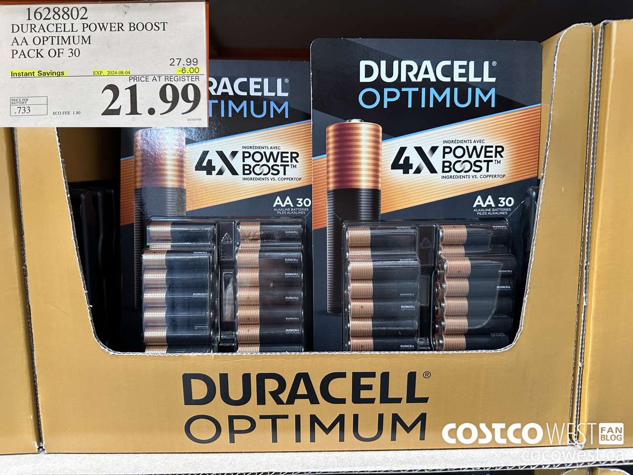 1628802 DURACELL POWER BOOST AA OPTIMUM PACK OF 30 ($6.00 INSTANT SAVINGS EXPIRES ON 2024-08-04) $21.99