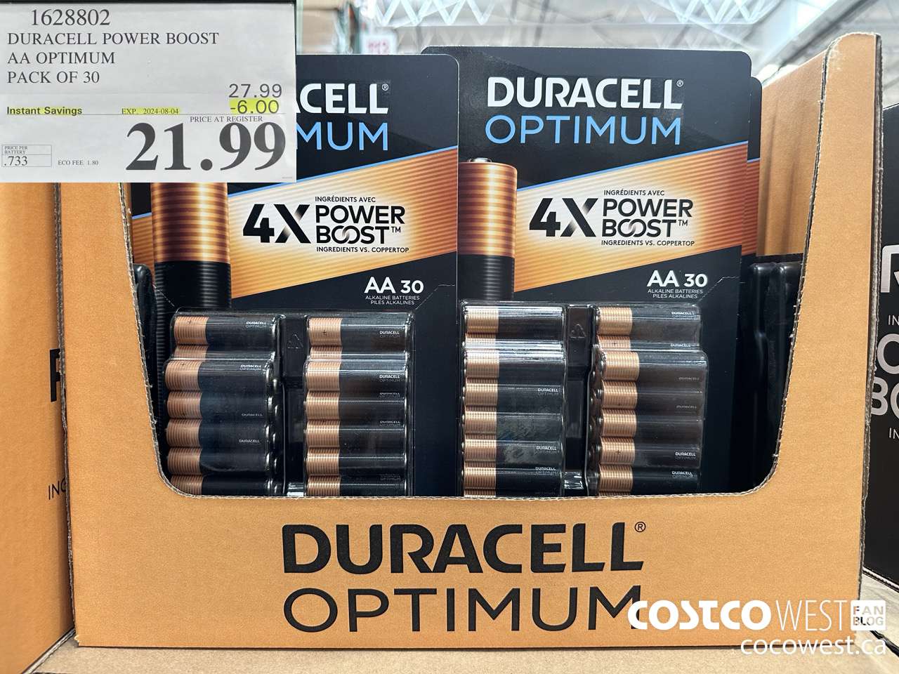 1628802 DURACELL POWER BOOST AA OPTIMUM PACK OF 30 ($6.00 INSTANT SAVINGS EXPIRES ON 2024-08-04) $21.99
