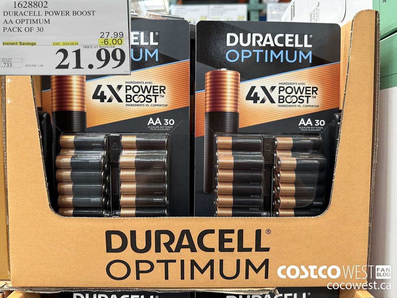 1628802 DURACELL POWER BOOST AA OPTIMUM PACK OF 30 ($6.00 INSTANT SAVINGS EXPIRES ON 2024-08-04) $21.99