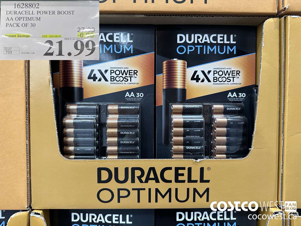 1628802 DURACELL POWER BOOST AA OPTIMUM PACK OF 30 ($6.00 INSTANT SAVINGS EXPIRES ON 2024-08-04) $21.99