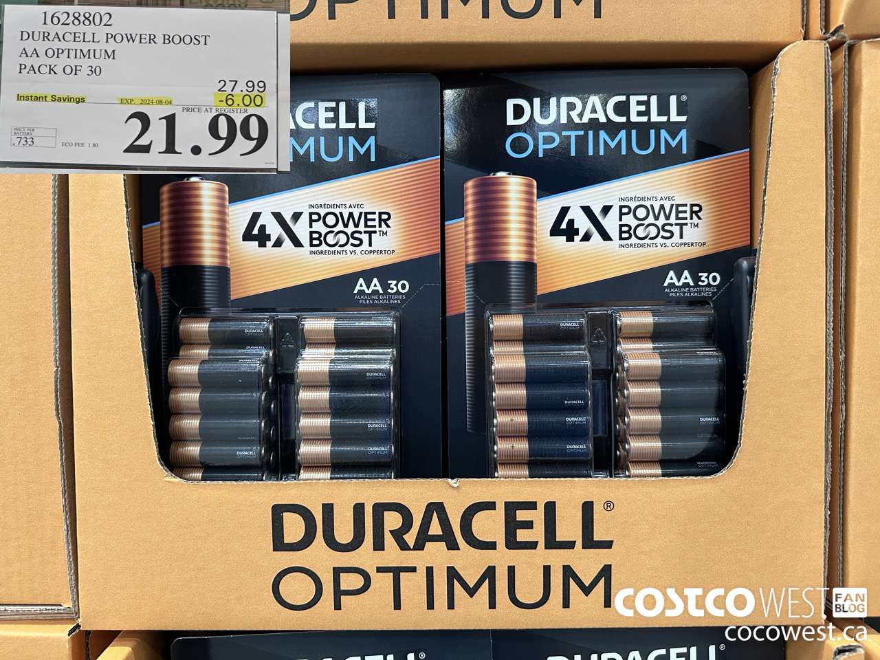1628802 DURACELL POWER BOOST AA OPTIMUM PACK OF 30 ($6.00 INSTANT SAVINGS EXPIRES ON 2024-08-04) $21.99