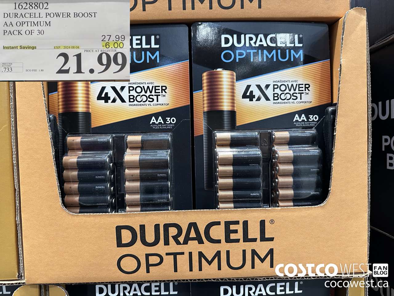 1628802 DURACELL POWER BOOST AA OPTIMUM PACK OF 30 ($6.00 INSTANT SAVINGS EXPIRES ON 2024-08-04) $21.99