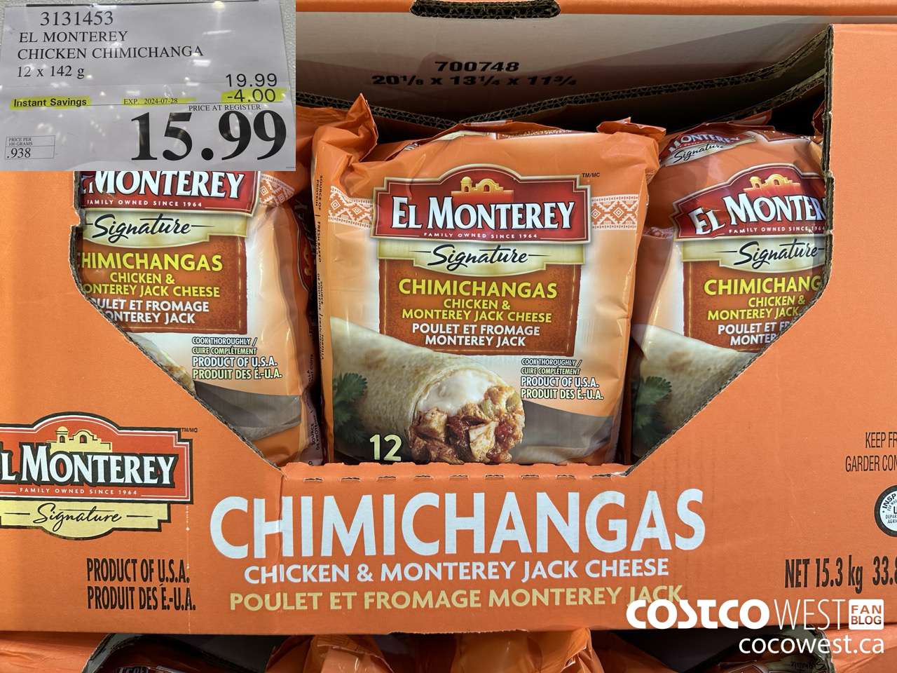 3131453 EL MONTEREY CHICKEN CHIMICHANGA 12 X 142G ($4.00 INSTANT SAVINGS EXPIRES ON 2024-07-28) $15.99