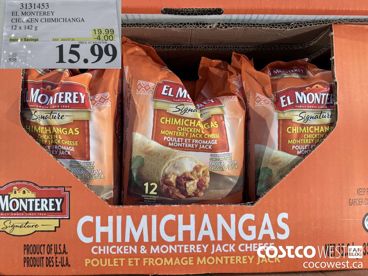 3131453 EL MONTEREY CHICKEN CHIMICHANGA 12 X 142G ($4.00 INSTANT SAVINGS EXPIRES ON 2024-07-28) $15.99