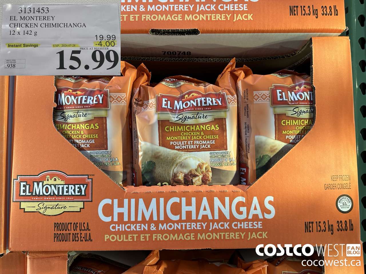 3131453 EL MONTEREY CHICKEN CHIMICHANGA 12 X 142G ($4.00 INSTANT SAVINGS EXPIRES ON 2024-07-28) $15.99