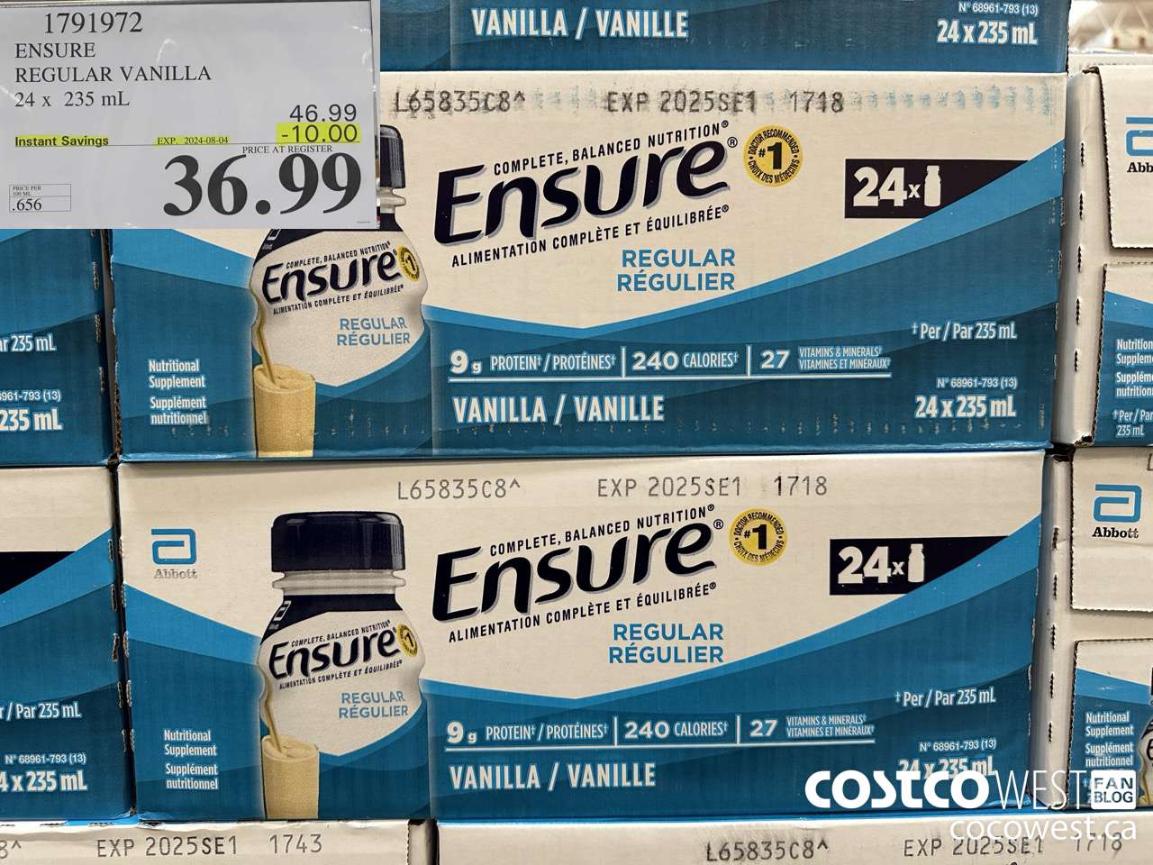 1791972 ENSURE REGULAR VANILLA 24 x 235 mL ($10.00 INSTANT SAVINGS EXPIRES ON 2024-08-04) $36.99