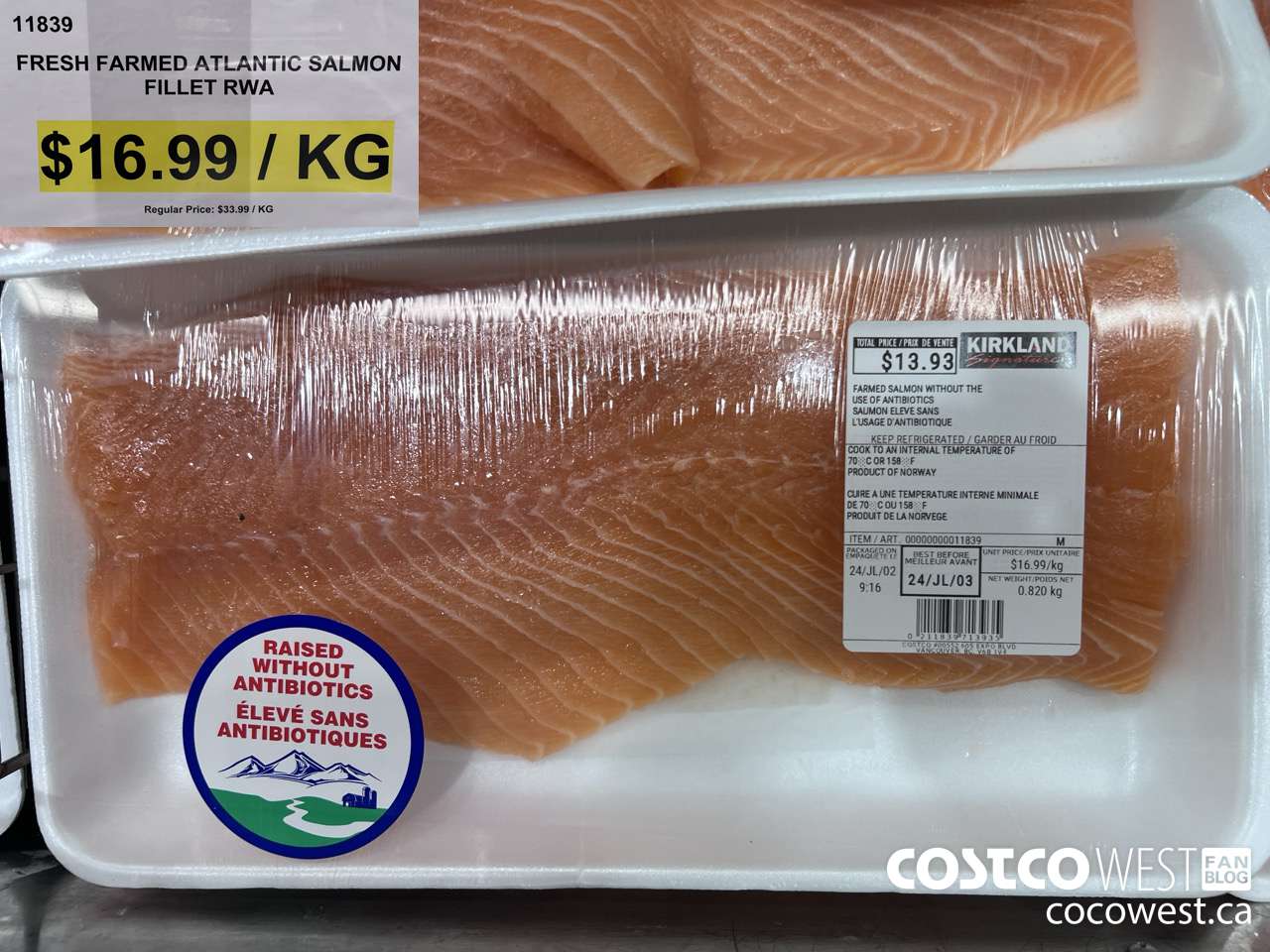 11839 FRESH FARMED ATLANTIC SALMON FILLET RWA $16.99