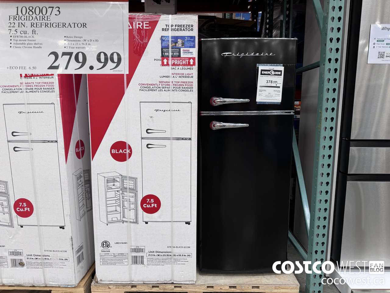 1080073 FRIGIDAIRE 22 IN. REGRIGERATOR 7.5 CU. FT. $279.99