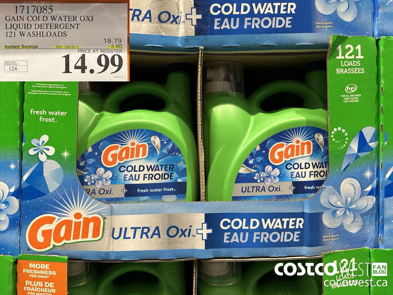 1717085 GAIN COLD WATER OXI LIQUID DETERGENT 121 WASHLOADS ($3.80 INSTANT SAVINGS EXPIRES ON 2024-08-11) $14.99