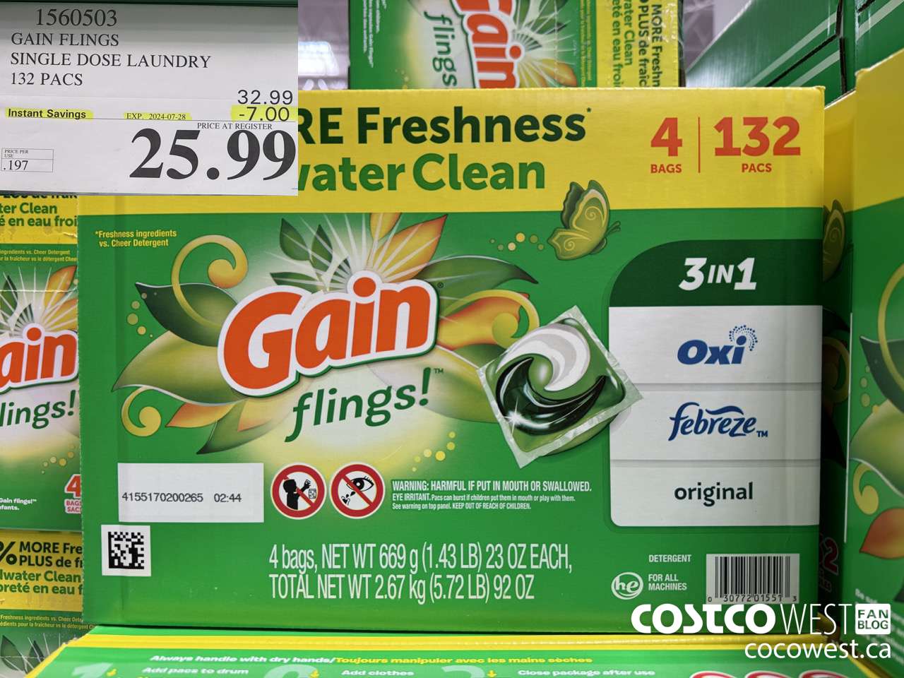 1560503 GAIN FLINGS SINGLE DOSE LAUNDRY 132 pacs ($7.00 INSTANT SAVINGS EXPIRES ON 2024-07-28) $25.99