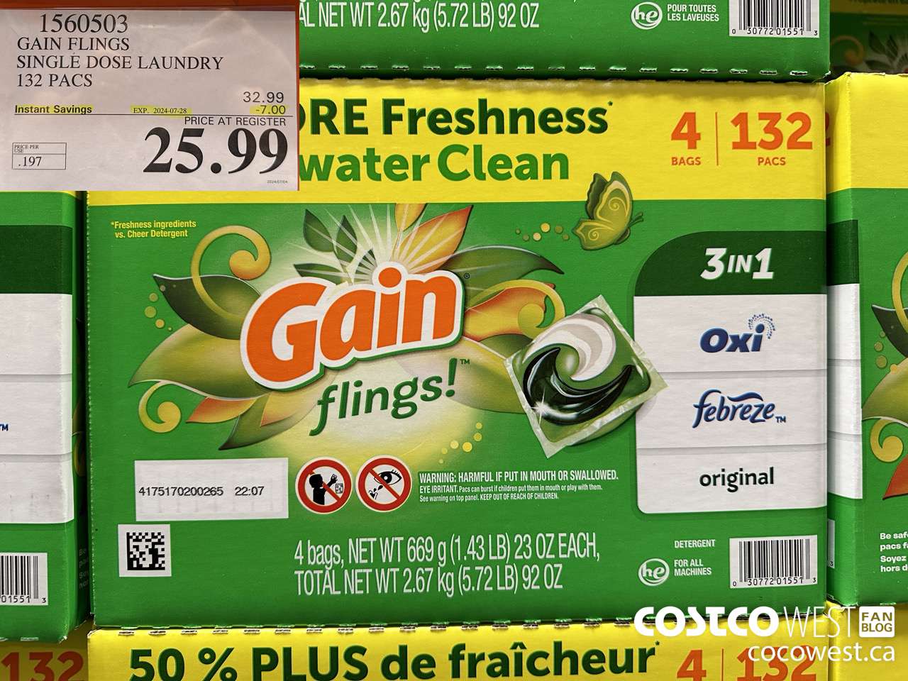 1560503 GAIN FLINGS SINGLE DOSE LAUNDRY 132 pacs ($7.00 INSTANT SAVINGS EXPIRES ON 2024-07-28) $25.99