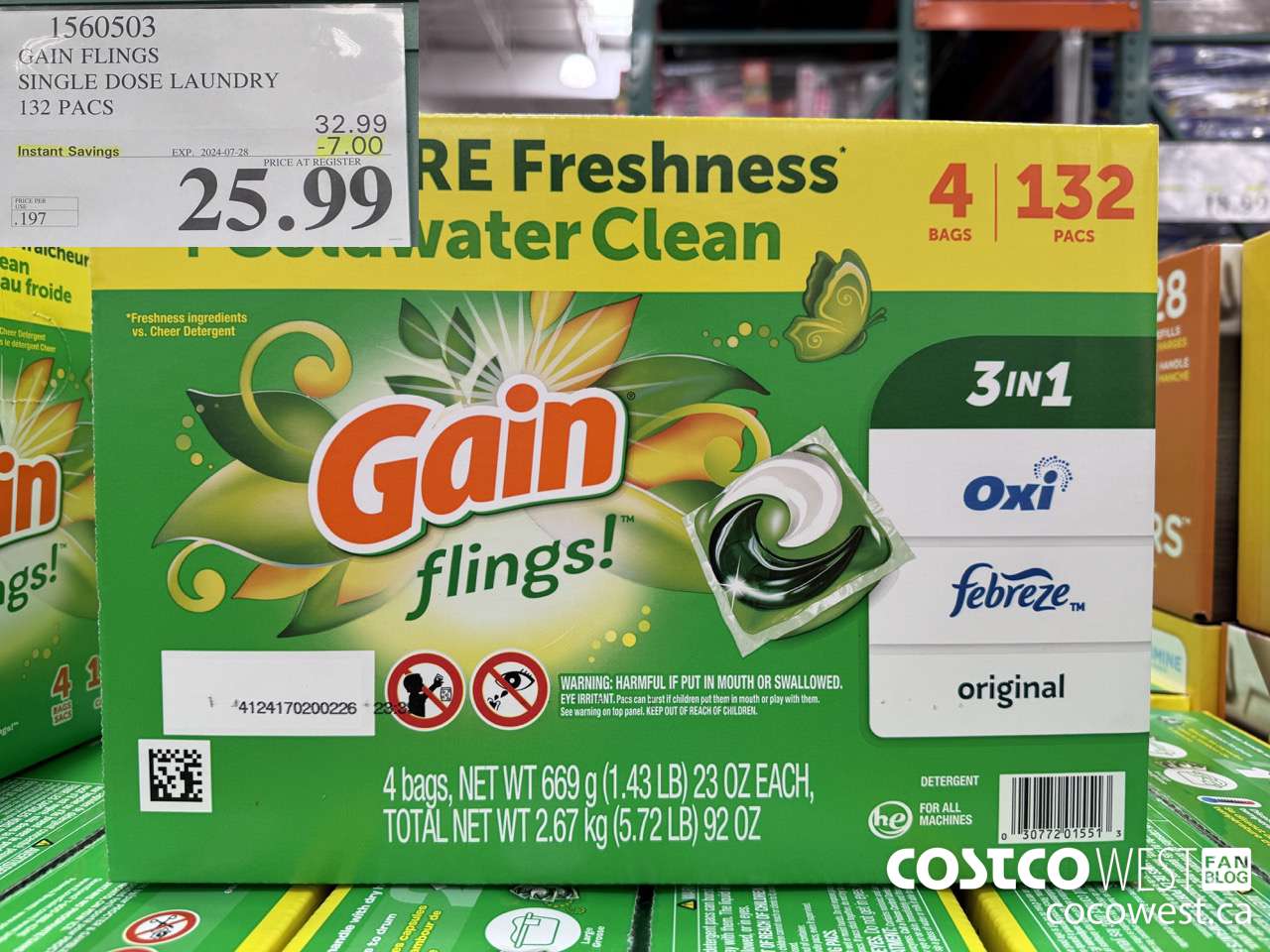 1560503 GAIN FLINGS SINGLE DOSE LAUNDRY 132 pacs ($7.00 INSTANT SAVINGS EXPIRES ON 2024-07-28) $25.99
