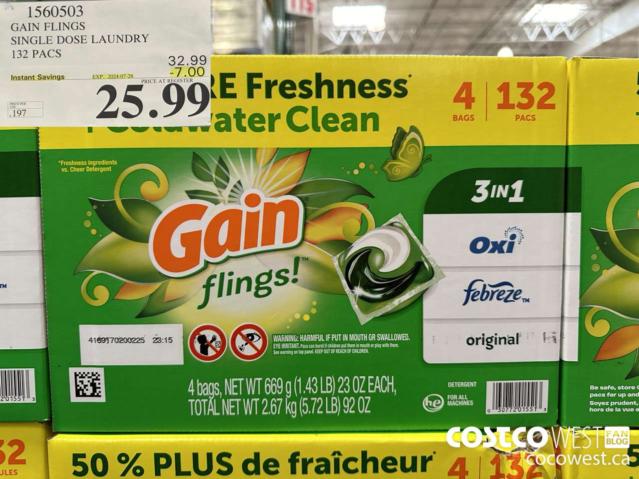 1560503 GAIN FLINGS SINGLE DOSE LAUNDRY 132 pacs ($7.00 INSTANT SAVINGS EXPIRES ON 2024-07-28) $25.99