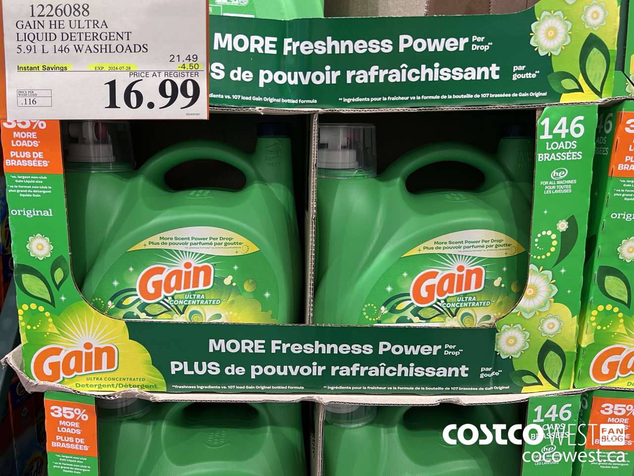 1226088 GAIN HE ULTRA LIQUID DETERGENT 5.91 L 146 WASHLOADS ($4.50 INSTANT SAVINGS EXPIRES ON 2024-07-28) $16.99