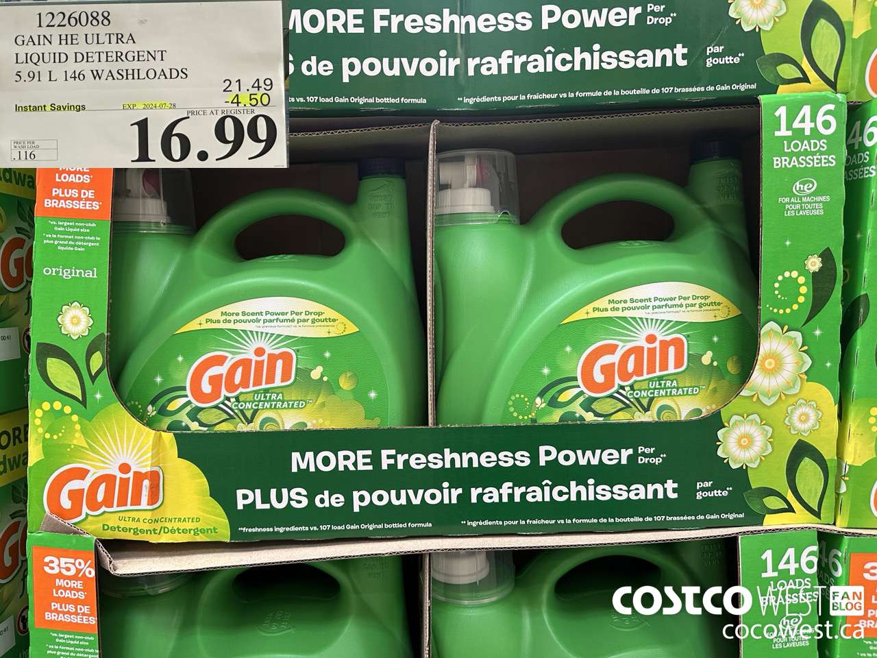 1226088 GAIN HE ULTRA LIQUID DETERGENT 5.91 L 146 WASHLOADS ($4.50 INSTANT SAVINGS EXPIRES ON 2024-07-28) $16.99