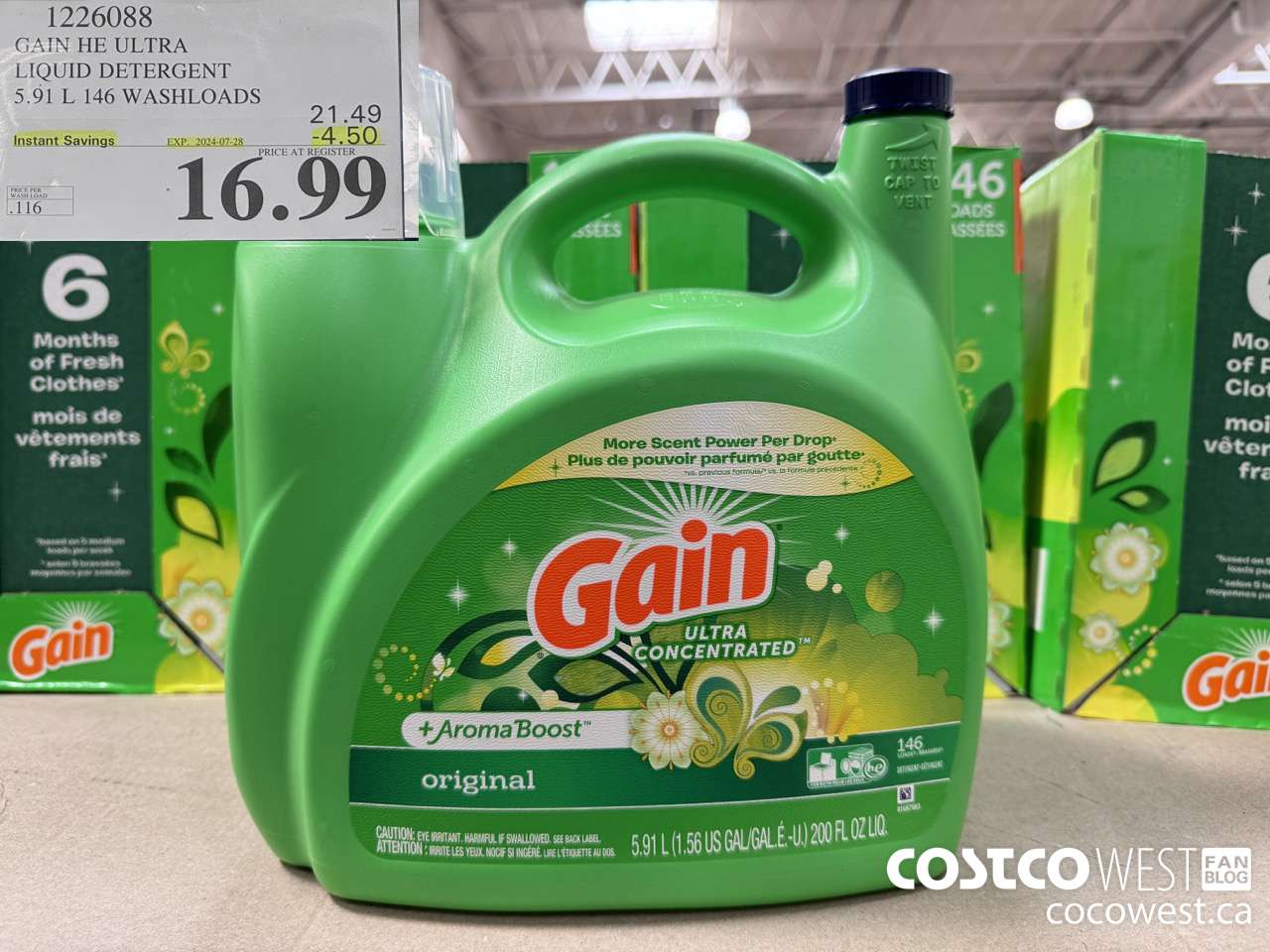 1226088 GAIN HE ULTRA LIQUID DETERGENT 5.91 L 146 WASHLOADS ($4.50 INSTANT SAVINGS EXPIRES ON 2024-07-28) $16.99