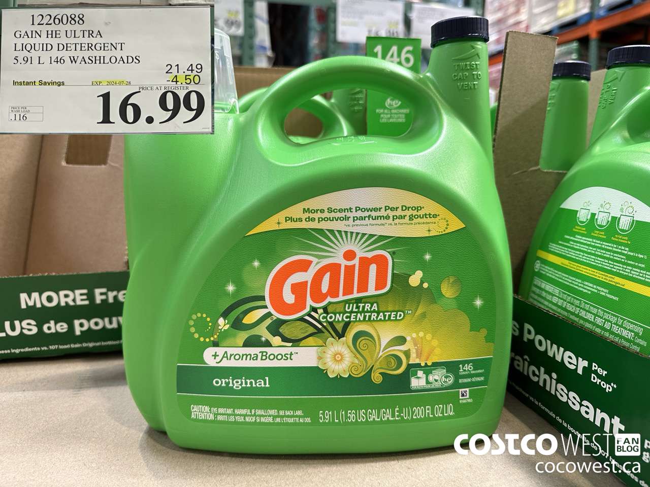 1226088 GAIN HE ULTRA LIQUID DETERGENT 5.91 L 146 WASHLOADS ($4.50 INSTANT SAVINGS EXPIRES ON 2024-07-28) $16.99