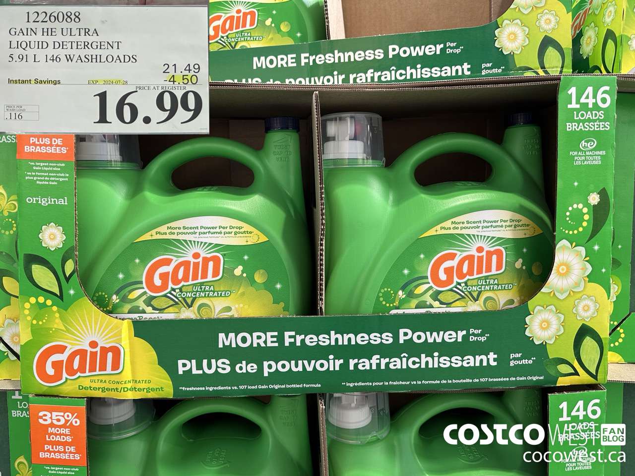 1226088 GAIN HE ULTRA LIQUID DETERGENT 5.91 L 146 WASHLOADS ($4.50 INSTANT SAVINGS EXPIRES ON 2024-07-28) $16.99