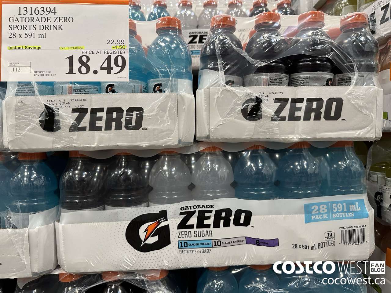 1316394 GATORADE ZERO SPORTS DRINK 28 X 591ML ($4.50 INSTANT SAVINGS EXPIRES ON 2024-08-04) $18.49