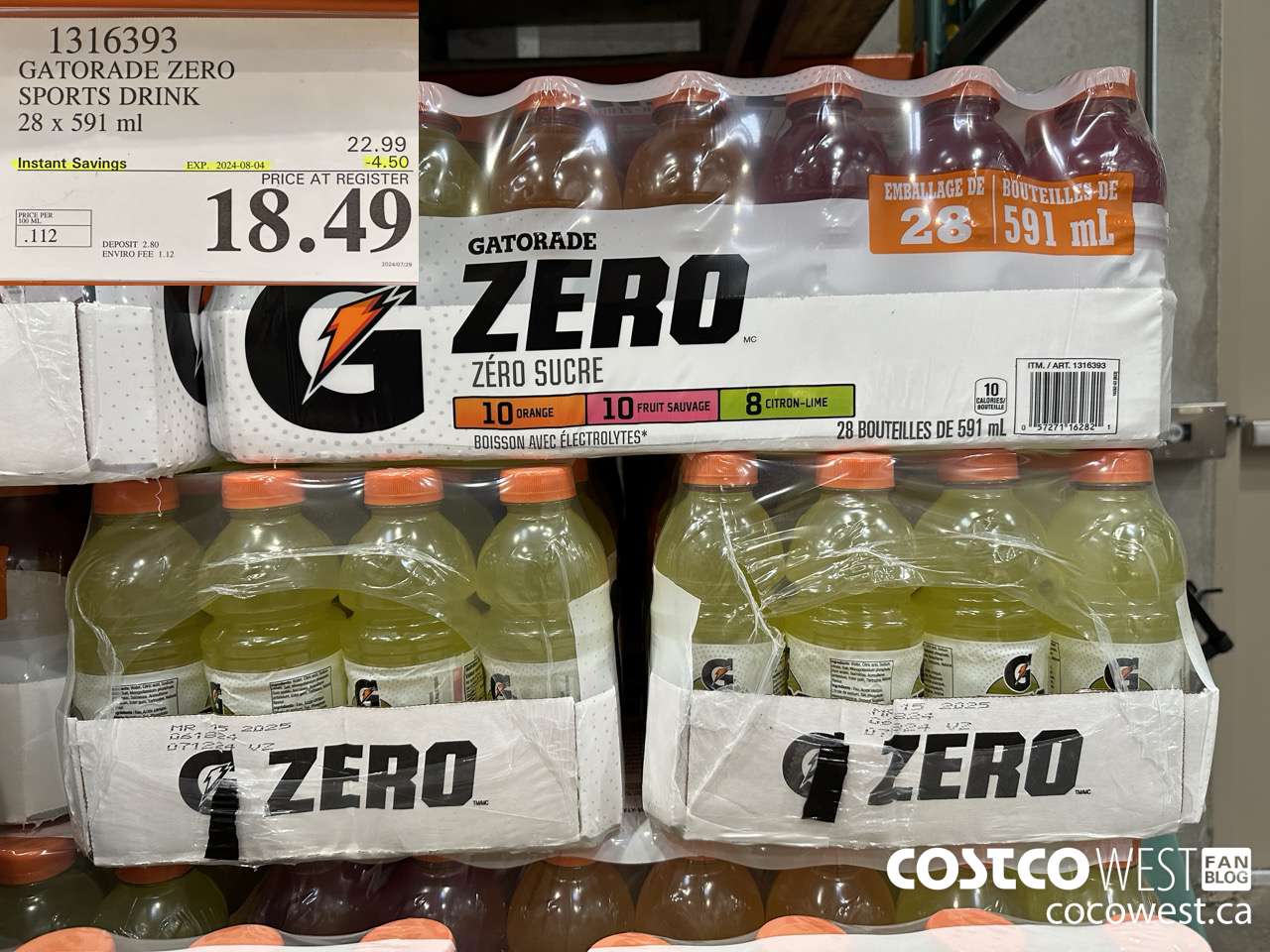 1316393 GATORADE ZERO SPORTS DRINK 28 x 591 ml ($4.50 INSTANT SAVINGS EXPIRES ON 2024-08-04) $18.49
