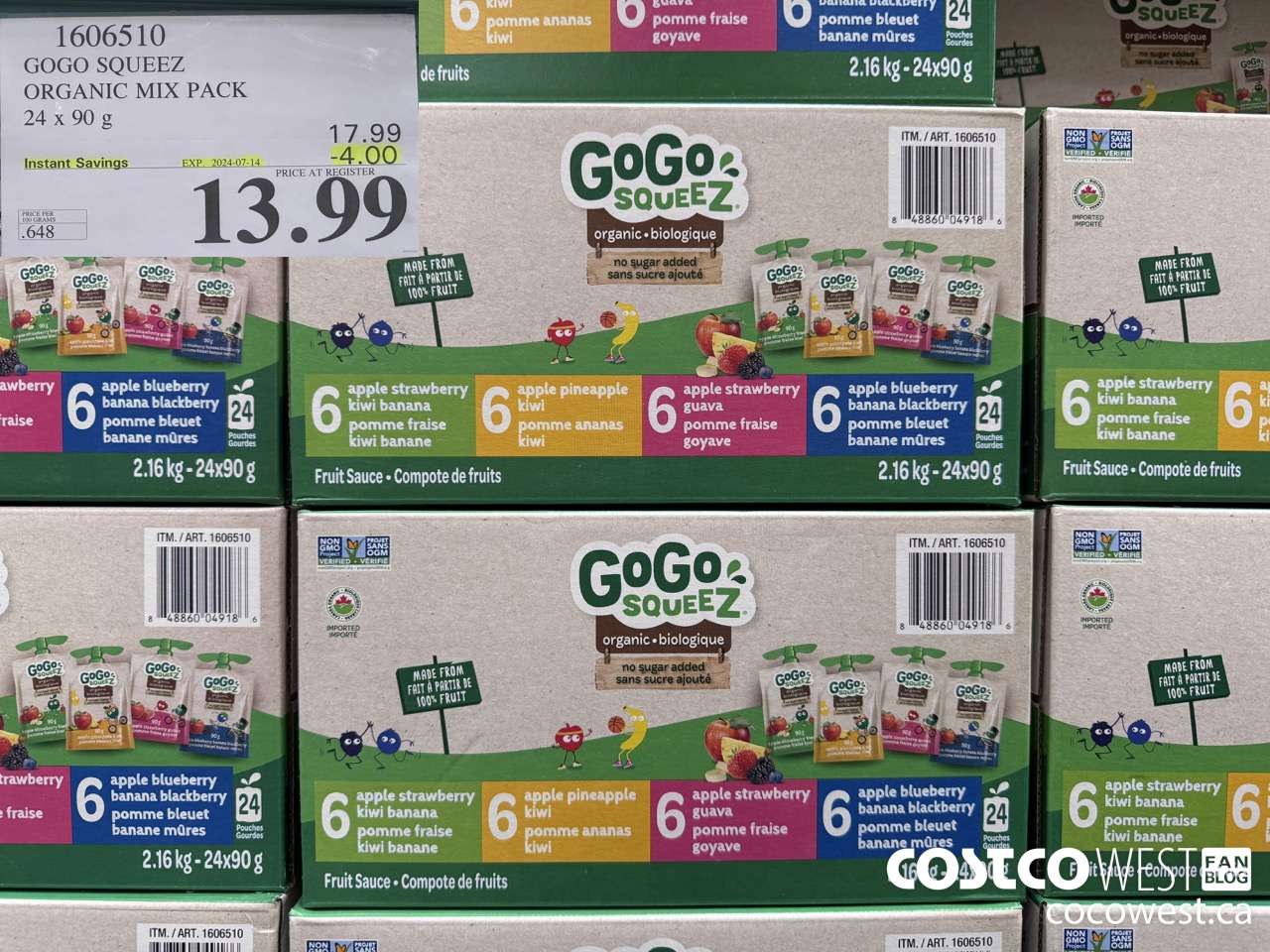 1606510 GOGO SQUEEZ ORGANIC MIX PACK 24 X 90 G ($4.00 INSTANT SAVINGS EXPIRES ON 2024-07-14) $13.99