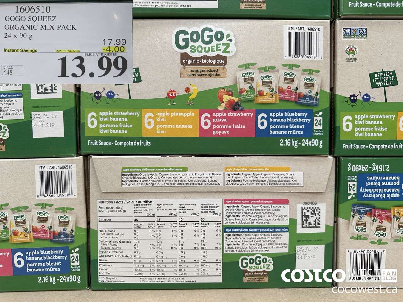 1606510 GOGO SQUEEZ ORGANIC MIX PACK 24 X 90 G ($4.00 INSTANT SAVINGS EXPIRES ON 2024-07-14) $13.99