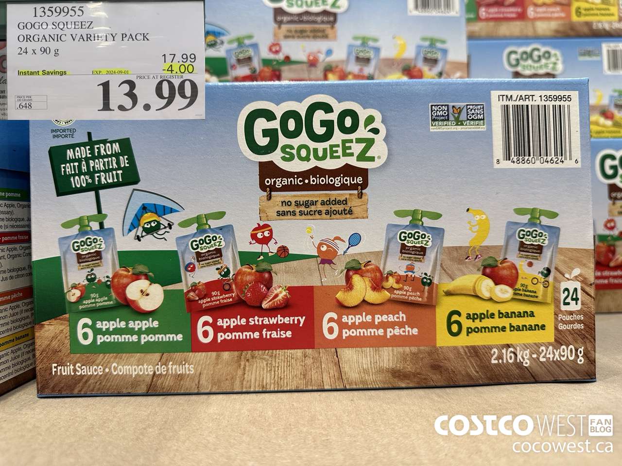 1359955 GOGO SQUEEZ ORGANIC VARIETY PACK 24 x 90g ($4.00 INSTANT SAVINGS EXPIRES ON 2024-09-01) $13.99