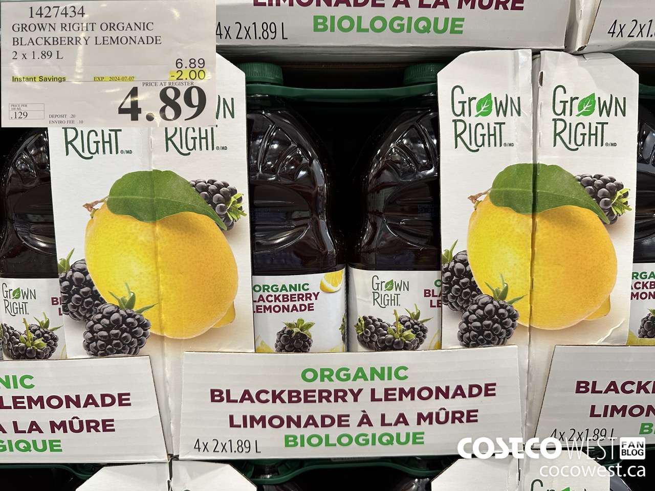 1427434 GROWN RIGHT ORGANIC BLACKBERRY LEMONADE 2 X 1.89L ($2.00 INSTANT SAVINGS EXPIRES ON 2024-07-07) $4.89