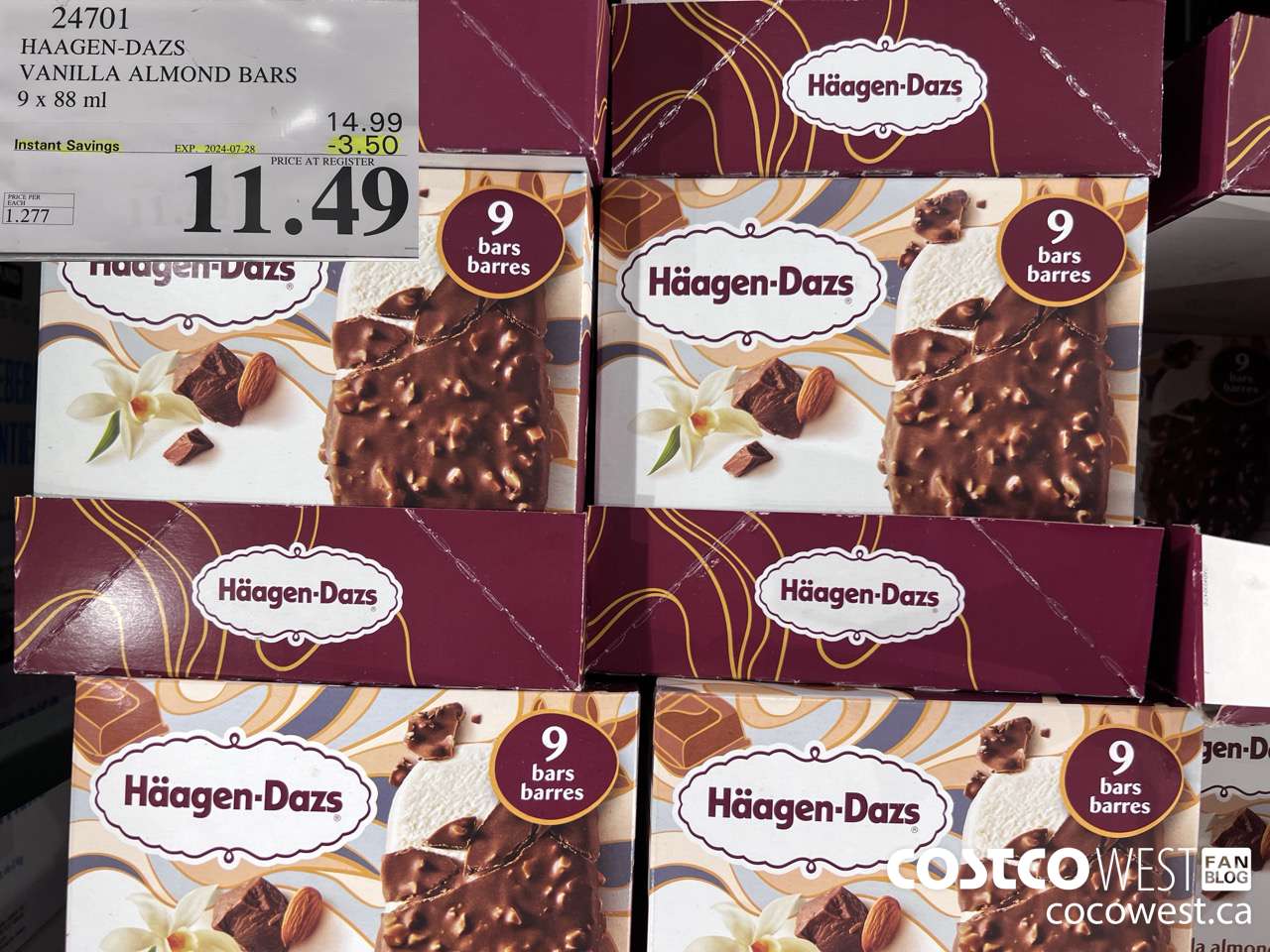 24701 HAAGEN-DAZS VANILLA ALMOND BARS 9 x 88 ml ($3.50 INSTANT SAVINGS EXPIRES ON 2024-07-28) $11.49
