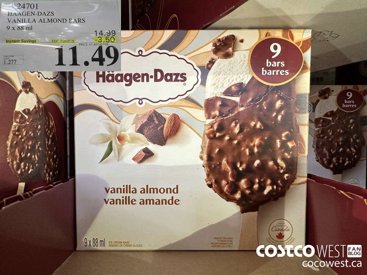 24701 HAAGEN-DAZS VANILLA ALMOND BARS 9 x 88 ml ($3.50 INSTANT SAVINGS EXPIRES ON 2024-07-28) $11.49