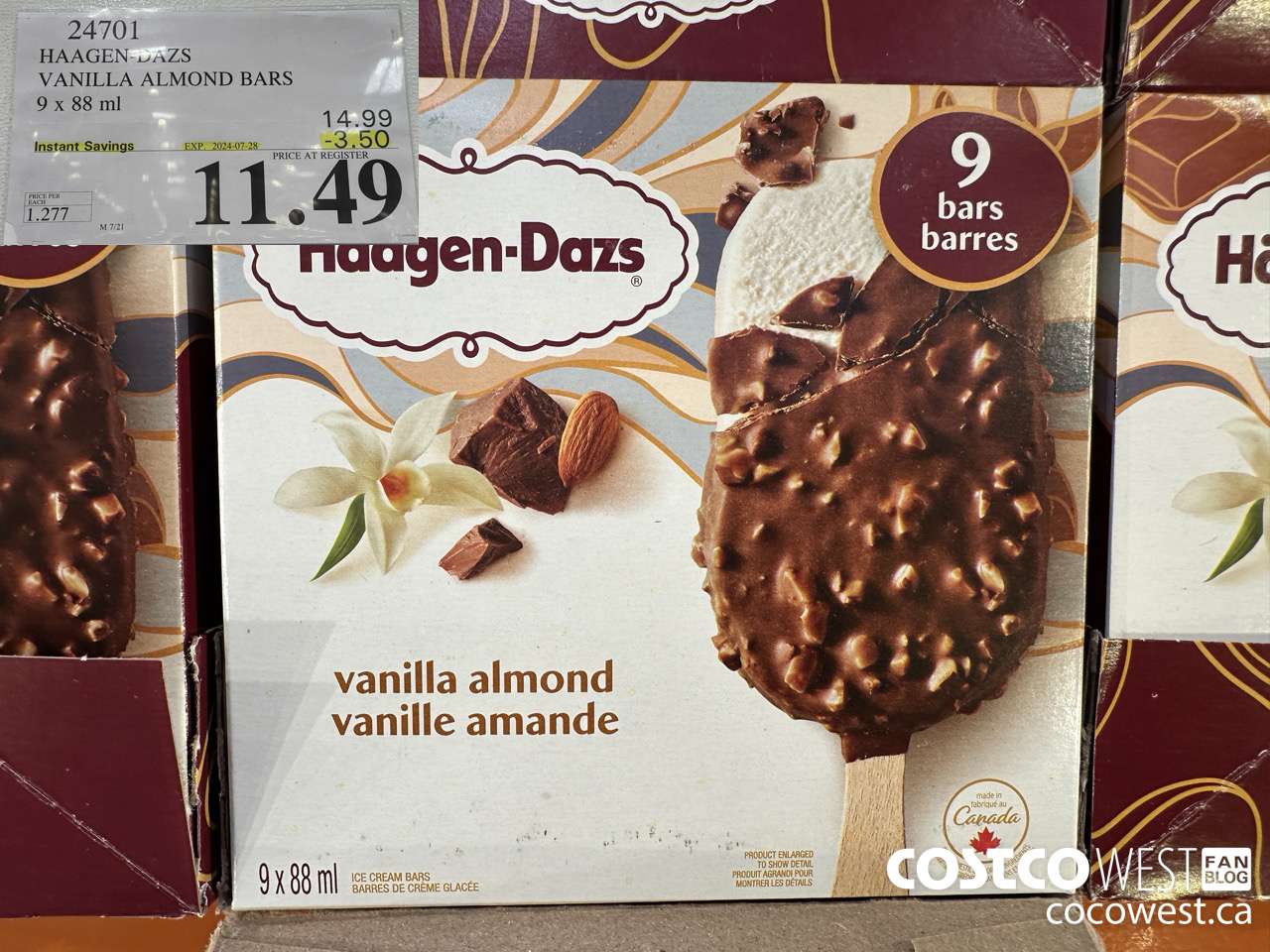 24701 HAAGEN-DAZS VANILLA ALMOND BARS 9 x 88 ml ($3.50 INSTANT SAVINGS EXPIRES ON 2024-07-28) $11.49