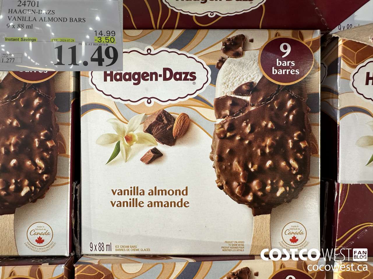 24701 HAAGEN-DAZS VANILLA ALMOND BARS 9 x 88 ml ($3.50 INSTANT SAVINGS EXPIRES ON 2024-07-28) $11.49