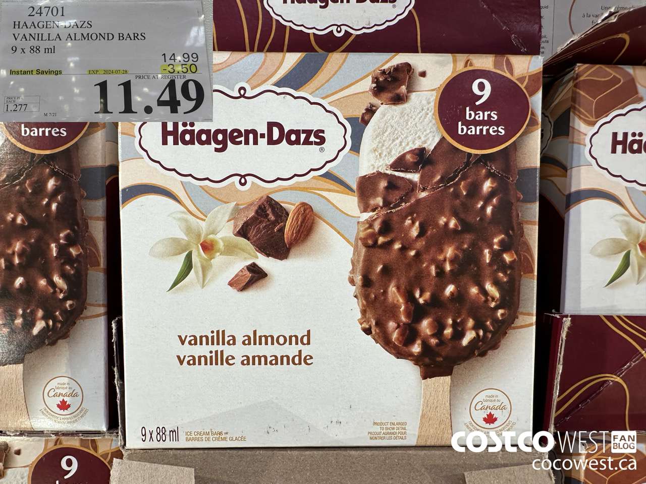 24701 HAAGEN-DAZS VANILLA ALMOND BARS 9 x 88 ml ($3.50 INSTANT SAVINGS EXPIRES ON 2024-07-28) $11.49