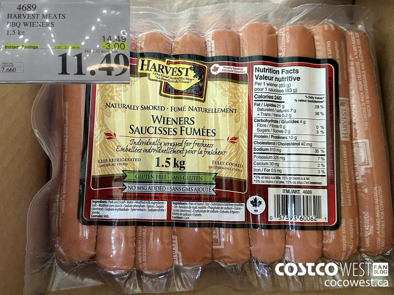 4689 HARVEST MEATS BBQ WIENERS 1.5 KG ($3.00 INSTANT SAVINGS EXPIRES ON 2024-08-04) $11.49
