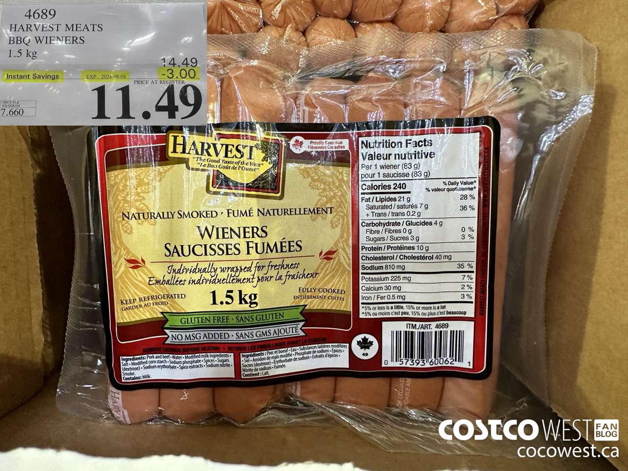 4689 HARVEST MEATS BBQ WIENERS 1.5 KG ($3.00 INSTANT SAVINGS EXPIRES ON 2024-08-04) $11.49