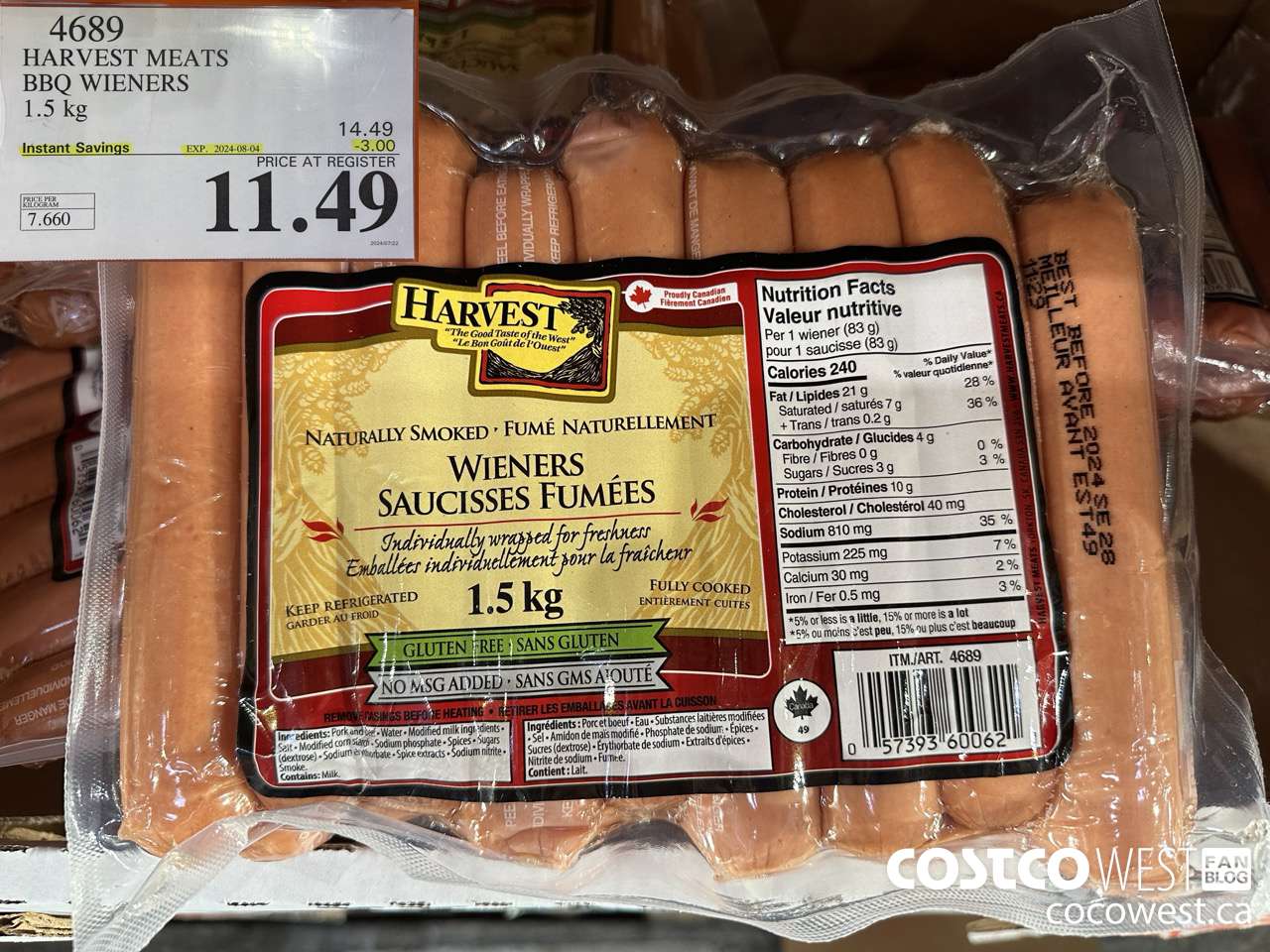4689 HARVEST MEATS BBQ WIENERS 1.5 KG ($3.00 INSTANT SAVINGS EXPIRES ON 2024-08-04) $11.49