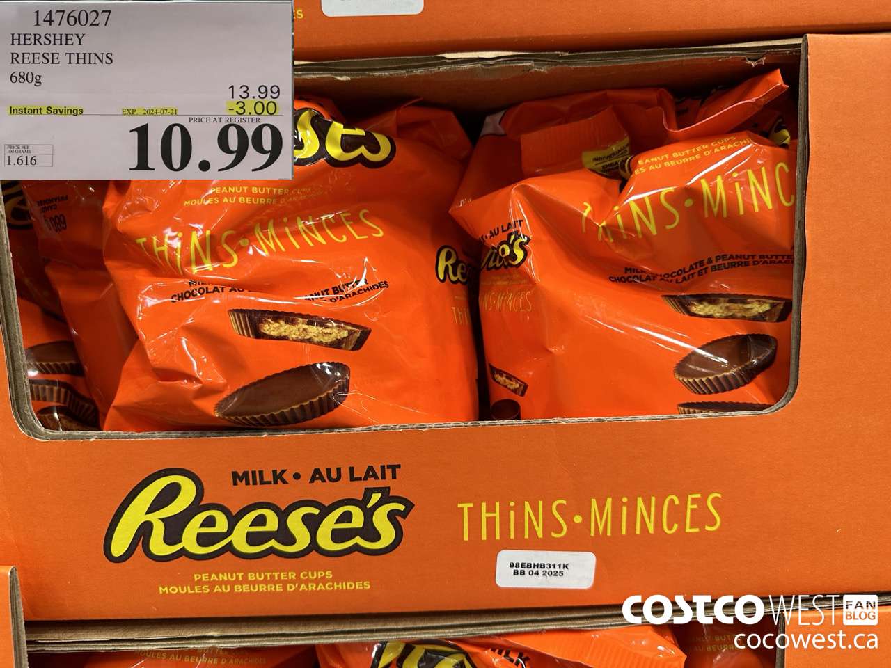 1476027 HERSHEY REESE THINS 680g ($3.00 INSTANT SAVINGS EXPIRES ON 2024-07-21) $10.99