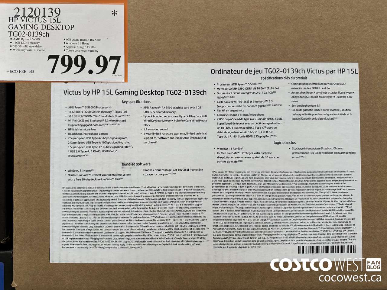2120139 HP VICTUS 15L GAMING DESKTOP TG02-0139CH $799.97