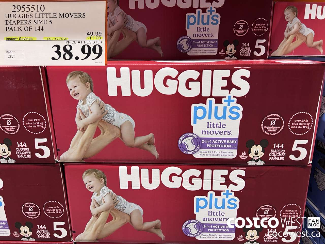 2955510 HUGGIES LITTLE MOVERS DIAPERS SIZE 5 PACK OF 144  ($11.00 INSTANT SAVINGS EXPIRES ON 2024-07-28) $38.99
